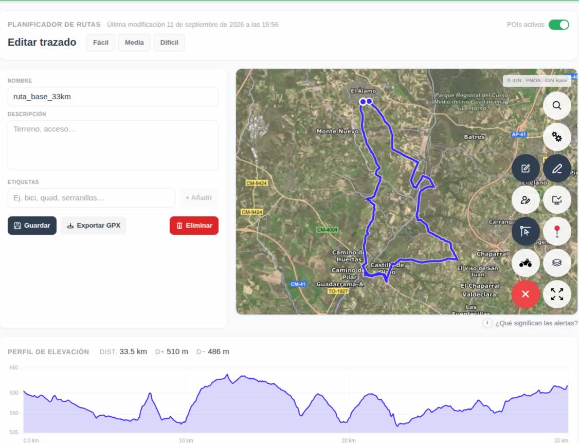 Editor de rutas con mapa, herramientas de dibujo y perfil de elevación